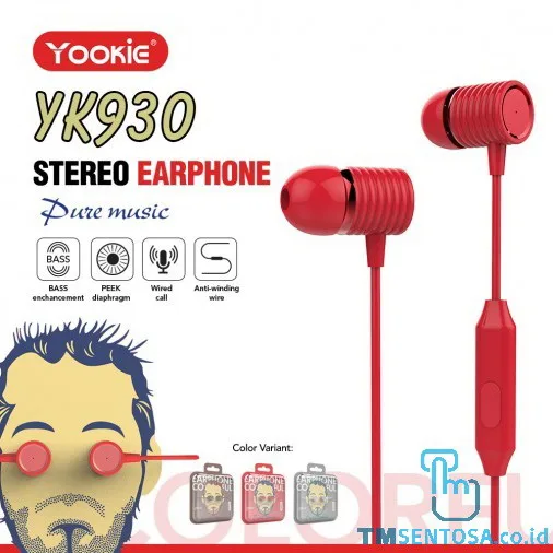 COLORFUL EARPHONE / HEADSET FOR MUSIC WITH MIC &amp; CABLE (YK930) - RED